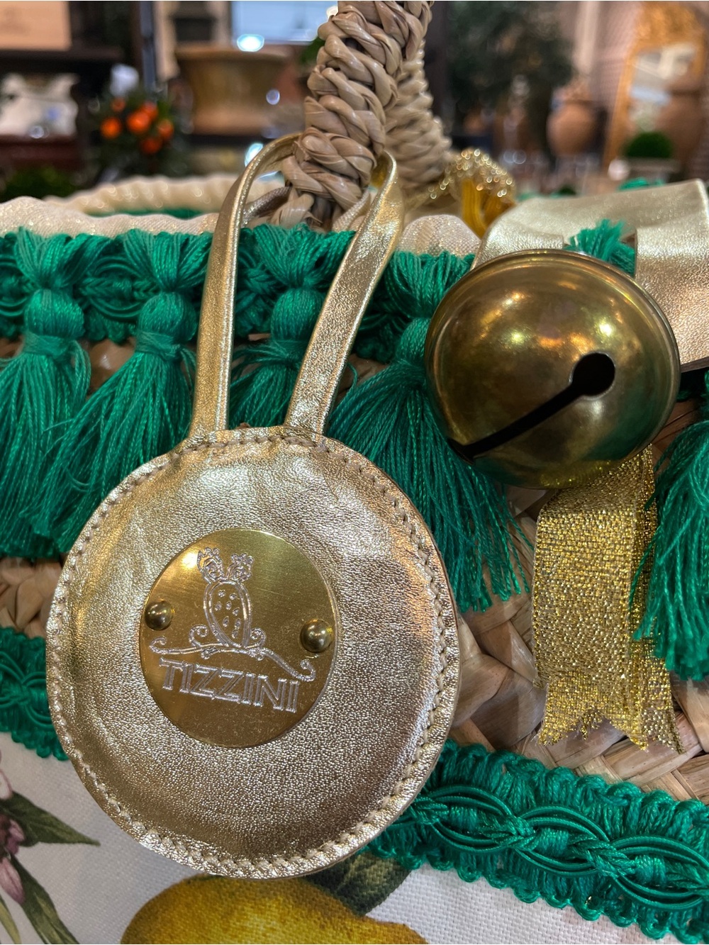 Tizzini x Authentic Provence Woven Straw Tote with Green Fringe and Yellow Poms - Picture 5 of 10